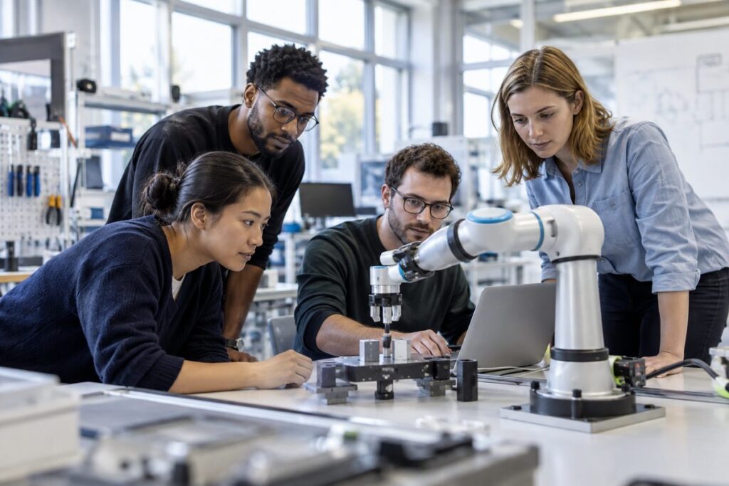 Engineering team testing a robotic arm