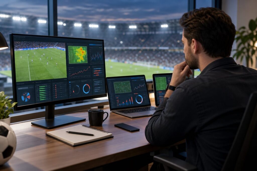 Sports analyst reviewing football performance data